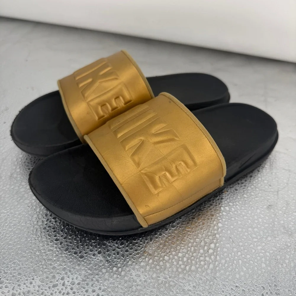 Nike Victori One Slide Mens Size 8 Gold Black Revive Foam Athleisure Sporty Shoe
